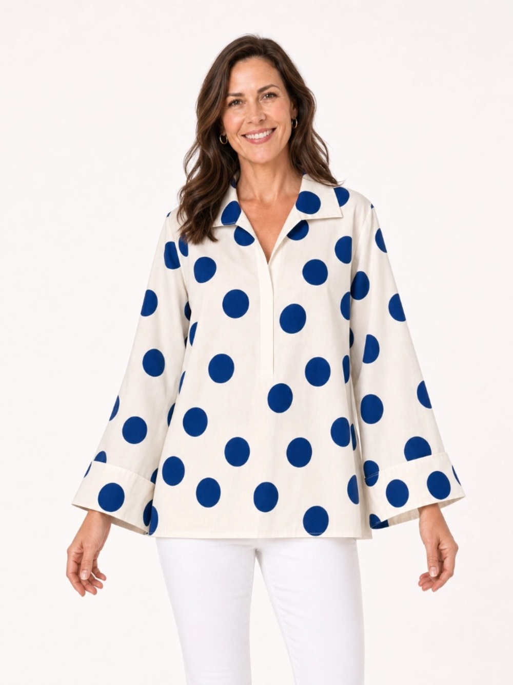 Foxcroft 100% Cotton Polka Dot Blouse Large Blue White Classic Shirt NWOT